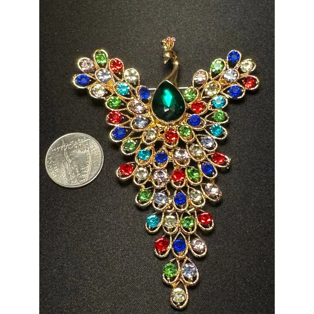 Large Multicolored Rhinstone Articulated Peacock Brooch